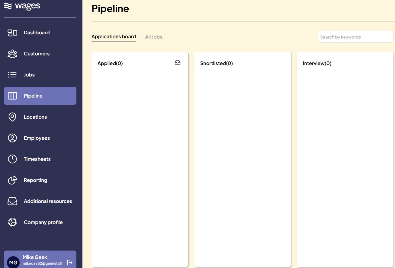 Wages ATS Dashboard — open jobs, new applicants, and pipeline
